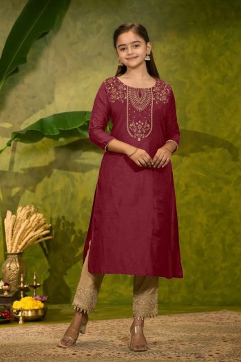 RICH LOOK MAGIC COTTON FOIL PRINT WORK KID'S ONLY KURTI MAROON