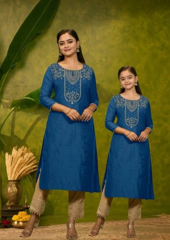 RICH LOOK MAGIC COTTON FOIL PRINT WORK MOTHER DAUGHTER SET TEAL