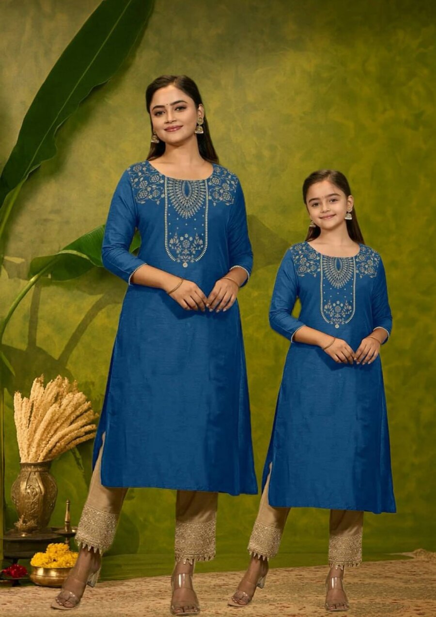 RICH LOOK MAGIC COTTON FOIL PRINT WORK MOTHER DAUGHTER FESTIVE WEAR WHOLESALE PRICE ETHNIC GARMENT (2)