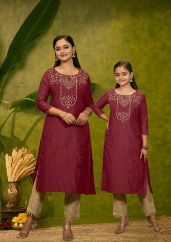 RICH LOOK MAGIC COTTON FOIL PRINT WORK MOTHER DAUGHTER SET MAROON