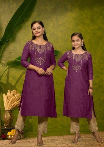 RICH LOOK MAGIC COTTON FOIL PRINT WORK MOTHER DAUGHTER SET WINE