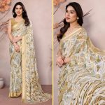 RICH LOOK MOSS SATIN PATTA PRINTED WORK SAREE WITH UNSTITCHED BLOUSE YELLOW