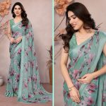 RICH LOOK MOSS SATIN PATTA PRINTED WORK SAREE WITH UNSTITCHED BLOUSE MINT
