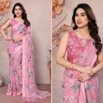RICH LOOK MOSS SATIN PATTA PRINTED WORK SAREE WITH UNSTITCHED BLOUSE PINK