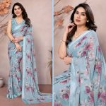 RICH LOOK MOSS SATIN PATTA PRINTED WORK SAREE WITH UNSTITCHED BLOUSE SKY