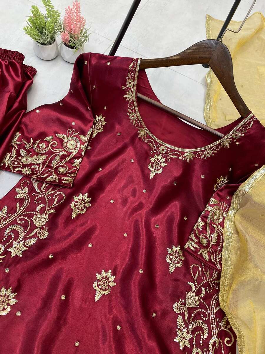 RICH LOOK MOSS SATIN SEQUANCE EMBROIDERY WORK TOP PATIYALA WITH DUPATTA FESTIVE WEAR WHOLESALE PRICE THNIC GARMENT (5)