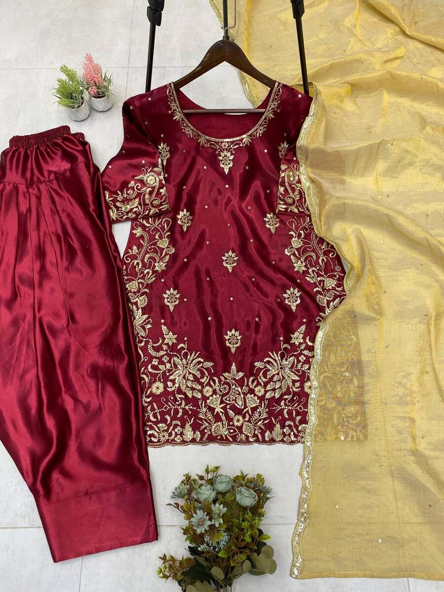RICH LOOK MOSS SATIN SEQUANCE EMBROIDERY WORK TOP PATIYALA WITH DUPATTA FESTIVE WEAR WHOLESALE PRICE THNIC GARMENT (8)