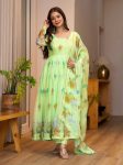 RICH LOOK ORGANZA FLORAL PRINT WORK ANARKALI GOWN BOTTOM WITH DUPATTA PARROT GREEN