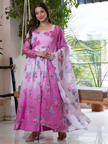 RICH LOOK ORGANZA FLORAL PRINT WORK ANARKALI GOWN BOTTOM WITH DUPATTA PINK