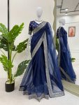 RICH LOOK ORGANZA SILK THREAD AND SEQUENCE WORK WITH LCD DIAMOND WORK SAREE WITH UNSTITCHED BLOUSE BLUE