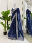 RICH LOOK ORGANZA SILK THREAD AND SEQUENCE WORK WITH LCD DIAMOND WORK SAREE WITH UNSTITCHED BLOUSE PARTY WEAR WHOLESALE PRICE ETHNIC GARMENT (7)