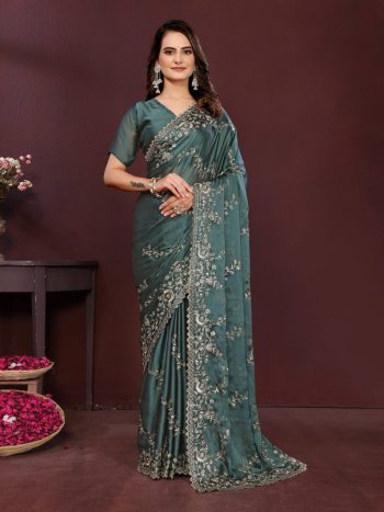 RICH LOOK RANGOLI SILK EMBROIDERY CUTWORK WORK LACE BORDER WORK SAREE WITH UNSTITCHED BLOUSE TEAL