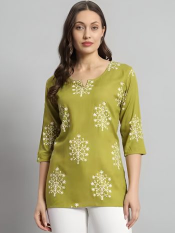 RICH LOOK RAYON DIGITAL PRINT WORK SHORT KURTI GREEN