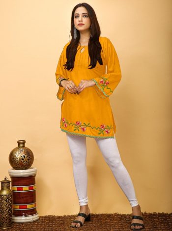 RICH LOOK RAYON EMBROIDERY WORK TOP  YELLOW