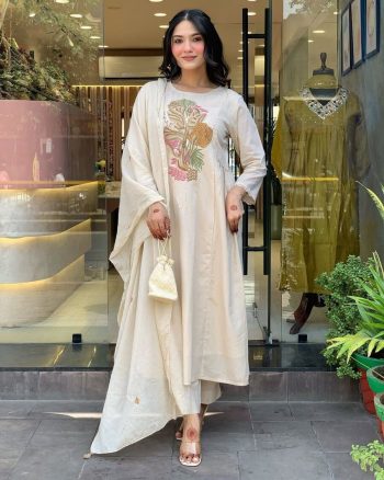 RICH LOOK RAYON SLUB SEQUENCE EMBROIDERY WORK TOP BOTTOM WITH DUPATTA WHITE
