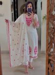 RICH LOOK ROMAN COTTON SILK EMBROIDERY THREAD WORK TOP BOTTOM WITH DUPATTA WHITE