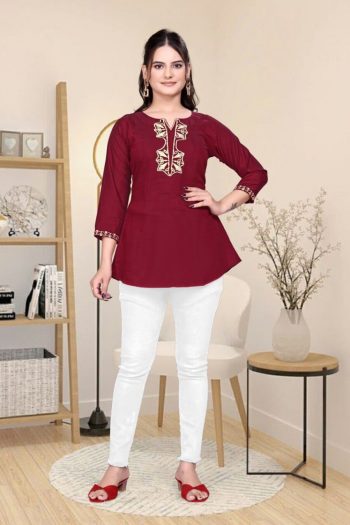 RICH LOOK ROMAN SILK EMBROIDERY WORK ONLY TOP RED