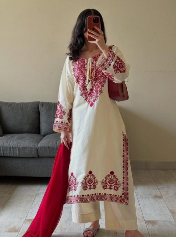 RICH LOOK ROMAN SILK EMBROIDERY WORK TOP BOTTOM WITH DUPATTA RED