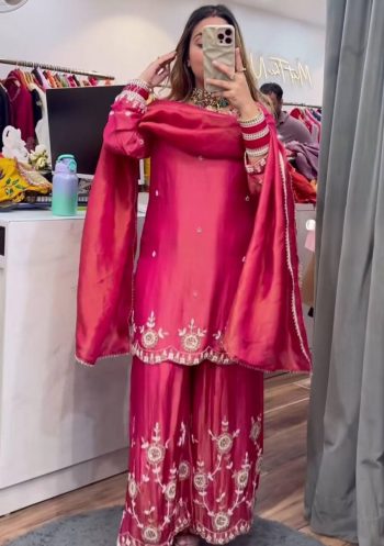 RICH LOOK SHIMMER SILK SEQUENCE EMBROIDERY WORK TOP PALAZZO WITH DUPATTA RANI