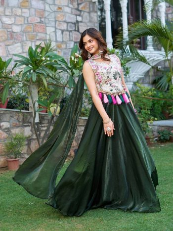 RICH LOOK SHIMMER TISSUE SILK EMBROIDERY THREAD SEQUENCE WORK LEHENGA CHOLI WITH DUPATTA GREEN