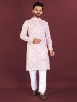 RICH LOOK SOFT SILK CROSS PATTERN WHITE THREAD EMBROIDERY SEQUENCE WORK MEN'S KURTA PAYJAMA BABY PINK