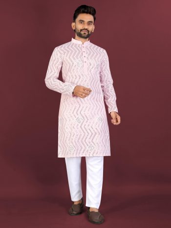 RICH LOOK SOFT SILK CROSS PATTERN WHITE THREAD EMBROIDERY SEQUENCE WORK MEN'S KURTA PAYJAMA BABY PINK