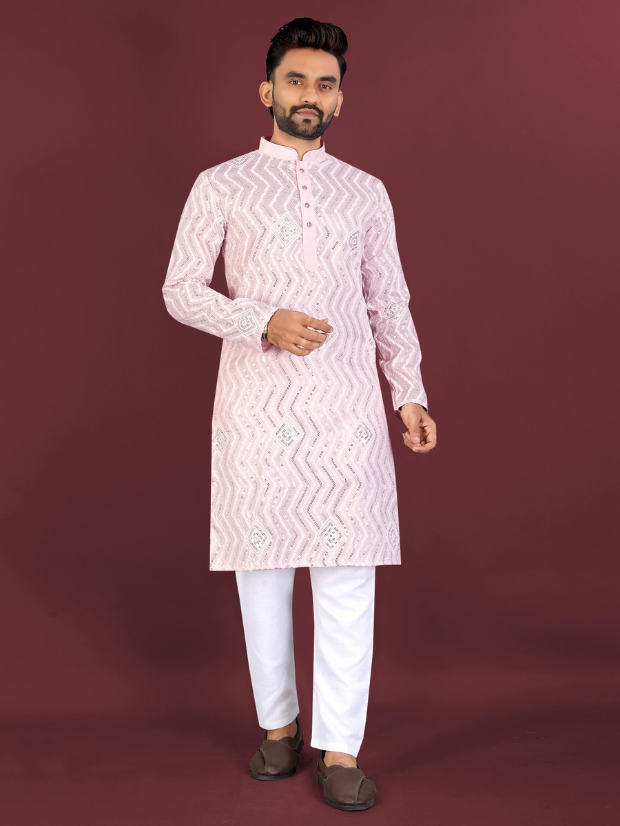 RICH LOOK SOFT SILK CROSS PATTERN WHITE THREAD EMBROIDERY SEQUENCE WORK MEN'S KURTA PAYJAMA WEDDING WEAR WHOLESALE PRICE ETHNIC GARMENT (11)