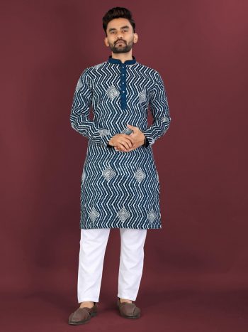 RICH LOOK SOFT SILK CROSS PATTERN WHITE THREAD EMBROIDERY SEQUENCE WORK MEN'S KURTA PAYJAMA TEAL