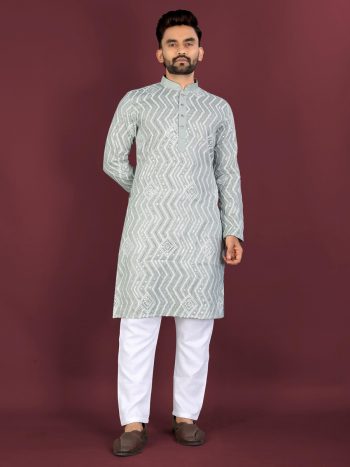 RICH LOOK SOFT SILK CROSS PATTERN WHITE THREAD EMBROIDERY SEQUENCE WORK MEN'S KURTA PAYJAMA PISTA