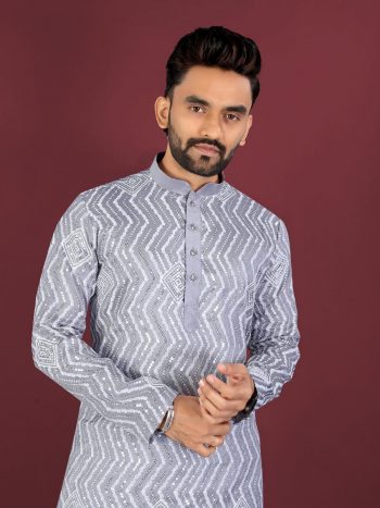 RICH LOOK SOFT SILK CROSS PATTERN WHITE THREAD EMBROIDERY SEQUENCE WORK MEN'S KURTA PAYJAMA GREY