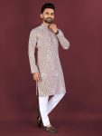 RICH LOOK SOFT SILK CROSS PATTERN WHITE THREAD EMBROIDERY SEQUENCE WORK MEN'S KURTA PAYJAMA PEACH