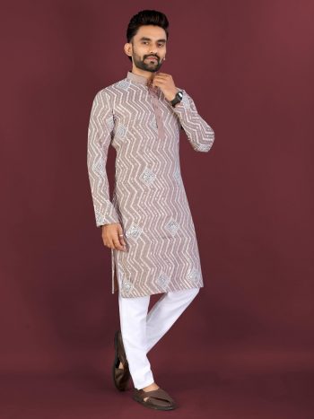 RICH LOOK SOFT SILK CROSS PATTERN WHITE THREAD EMBROIDERY SEQUENCE WORK MEN'S KURTA PAYJAMA PEACH