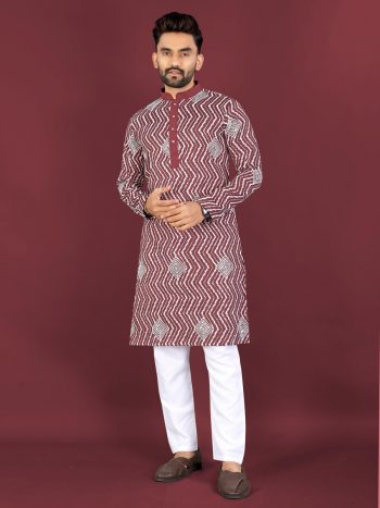 RICH LOOK SOFT SILK CROSS PATTERN WHITE THREAD EMBROIDERY SEQUENCE WORK MEN'S KURTA PAYJAMA MAROON