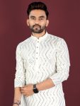 RICH LOOK SOFT SILK CROSS PATTERN WHITE THREAD EMBROIDERY SEQUENCE WORK MEN'S KURTA PAYJAMA WHITE