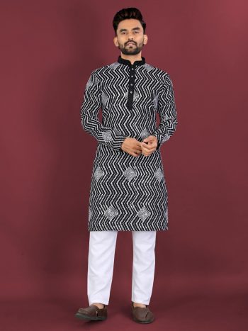 RICH LOOK SOFT SILK CROSS PATTERN WHITE THREAD EMBROIDERY SEQUENCE WORK MEN'S KURTA PAYJAMA BLACK