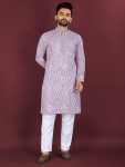 RICH LOOK SOFT SILK CROSS PATTERN WHITE THREAD EMBROIDERY SEQUENCE WORK MEN'S KURTA PAYJAMA LAVENDER