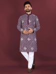 RICH LOOK SOFT SILK CROSS PATTERN WHITE THREAD EMBROIDERY SEQUENCE WORK MEN'S KURTA PAYJAMA WINE
