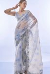 RICH LOOK SPACE SILK PRINT WITH CODING AND SEQUENCE EMBROIDERY WORK SAREE WITH UNSTITCHED BLOUSE SKY
