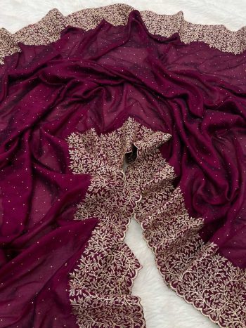 RICH LOOK VICHITRA SILK ZARI WORK AND STONE WORK SAREE WITH UNSTITCHED BLOUSE WINE