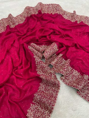 RICH LOOK VICHITRA SILK ZARI WORK AND STONE WORK SAREE WITH UNSTITCHED BLOUSE RANI