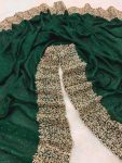 RICH LOOK VICHITRA SILK ZARI WORK AND STONE WORK SAREE WITH UNSTITCHED BLOUSE GREEN