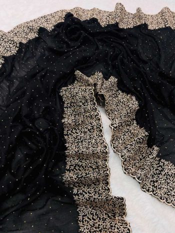 RICH LOOK VICHITRA SILK ZARI WORK AND STONE WORK SAREE WITH UNSTITCHED BLOUSE BLACK