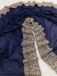 RICH LOOK VICHITRA SILK ZARI WORK AND STONE WORK SAREE WITH UNSTITCHED BLOUSE NAVY BLUE