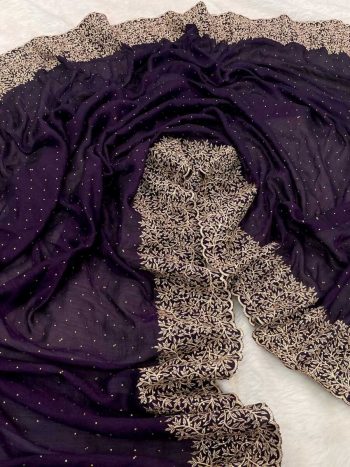RICH LOOK VICHITRA SILK ZARI WORK AND STONE WORK SAREE WITH UNSTITCHED BLOUSE PURPLE