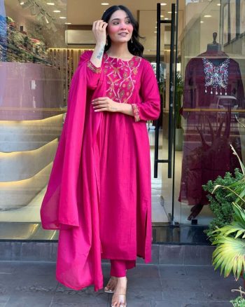 RICH LOOK VISCOSE CHANDERI EMBROIDERY WORK TOP BOTTOM WITH DUPATTA PINK