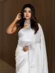 TRADITIONAL LINEN ZARI WEAVING WORK SAREE WITH UNSTITCHED BLOUSE WHITE