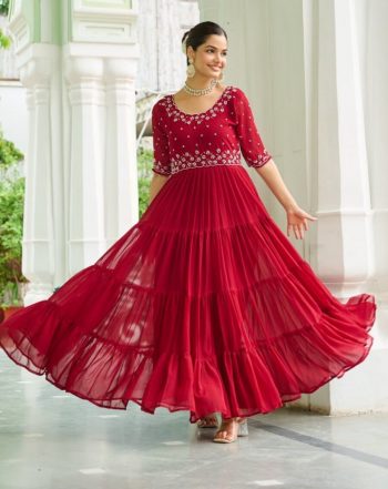 TRENDING BLOOMING GEORGETTE EMBROIDERY BEADS WORK GOWN RED