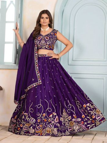 TRENDING CHINON SILK EMBROIDERY SEQUENCE THREAD DESIGN WORK LEHENGA CHOLI WITH DUPATTA  PURPLE