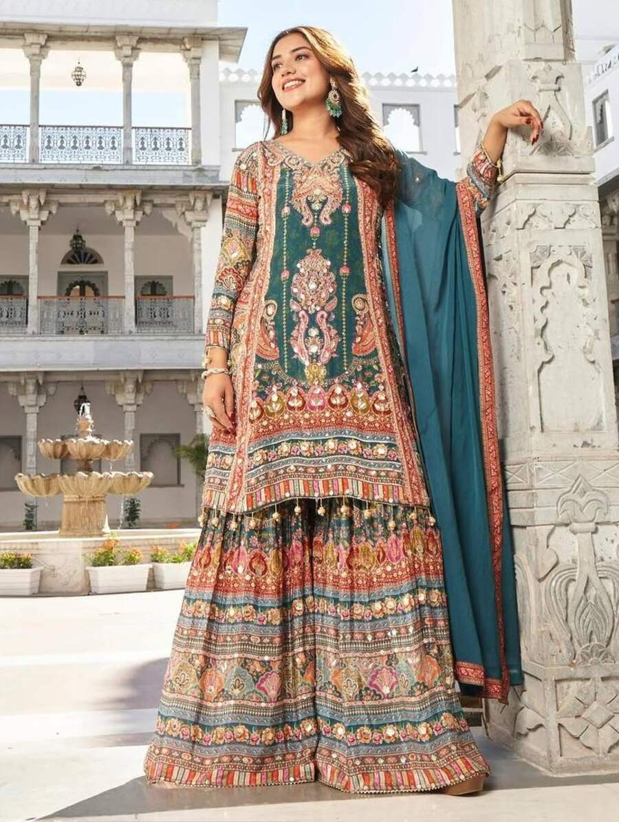 TRENDING GEORGETTE DIGITAL PRINT WITH REAL MIRROR HAND WORK AND FANCY LACE WORK TOP PALAZZO WITH DUPATTA FESTIVE WEAR WHOLESALE PRICE ETHNIC GARMENT (2)