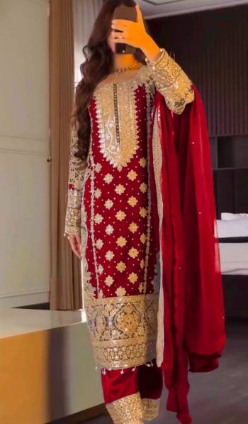 TRENDING GEORGETTE EMBROIDERY SEQUENCE WORK TOP BOTTOM WITH DUPATTA RED